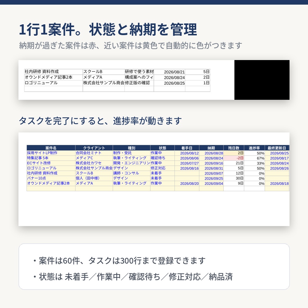 【止まっている案件を検出】副業 案件進行シート|Excelテンプレート