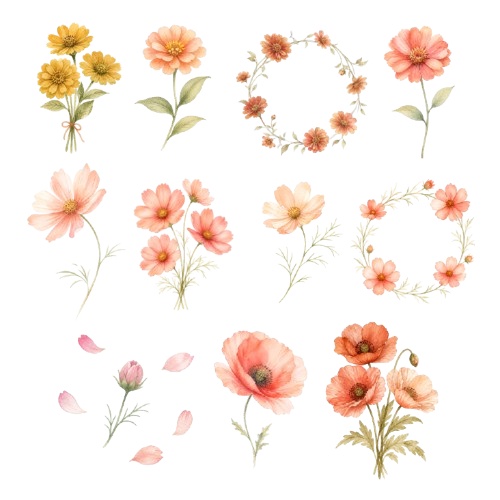 【透過素材】暖色水彩のお花素材セット/デジタル素材/商用利用可