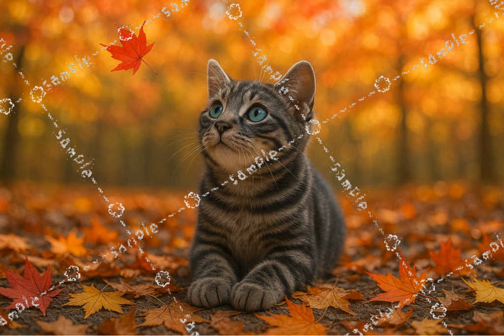 落葉と舞い落ちる秋の一葉を見つめる子猫