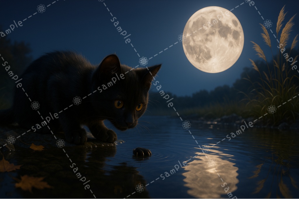 川に反射する月の幻影に黒猫は虜♡