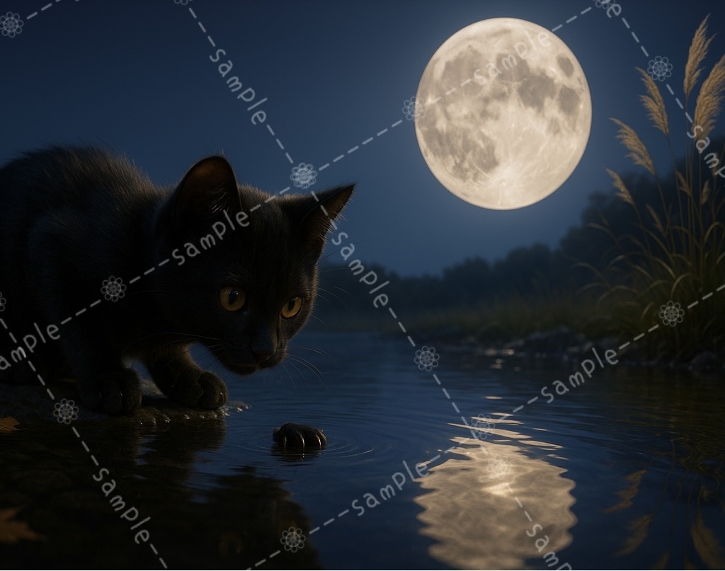 川に反射する月の幻影に黒猫は虜♡