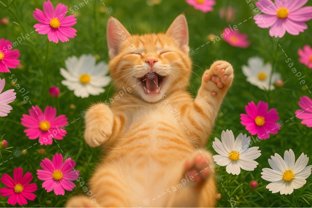 コスモス畑に気持ちよさそうに寝転ぶ猫🌸