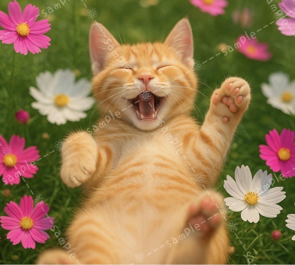 コスモス畑に気持ちよさそうに寝転ぶ猫🌸