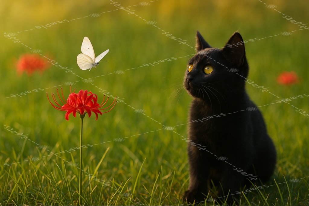 1輪の彼岸花の近くを飛ぶ蝶を見つめる黒猫