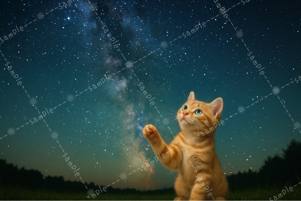 満天の星空に星をつかもうとする猫