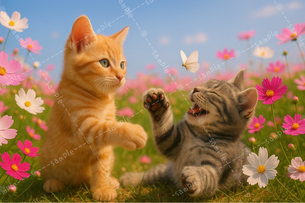 コスモス畑の中で蝶相手にじゃれ合う猫