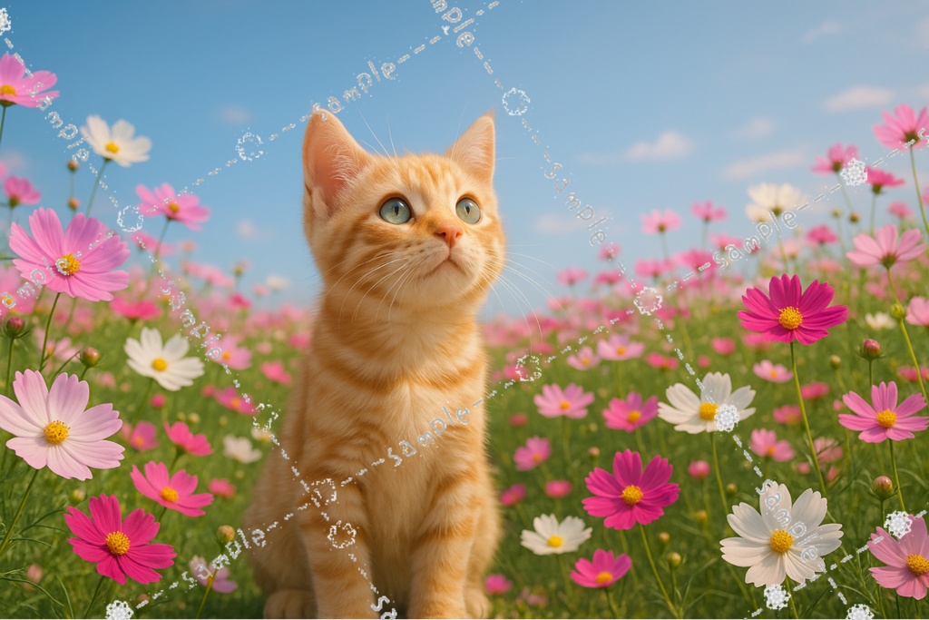 【お試し価格：11/1まで】Cosmos and Tiny Cat｜秋桜と小さな猫の幻想アート（4K PNG）