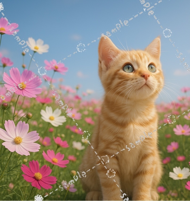 【お試し価格:11/1まで】Cosmos and Tiny Cat|秋桜と小さな猫の幻想アート(4K PNG)