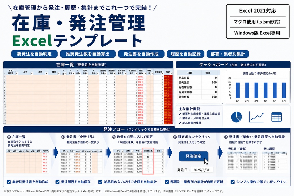 在庫・発注管理Excelテンプレート｜発注書・履歴・部署別集計を自動化