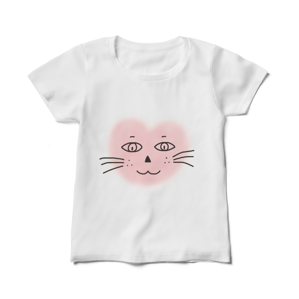 まるーいハートねこのレディースTシャツ　ホワイト・白