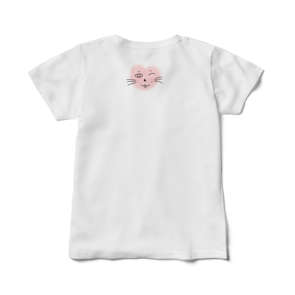 まるーいハートねこのレディースTシャツ ホワイト・白
