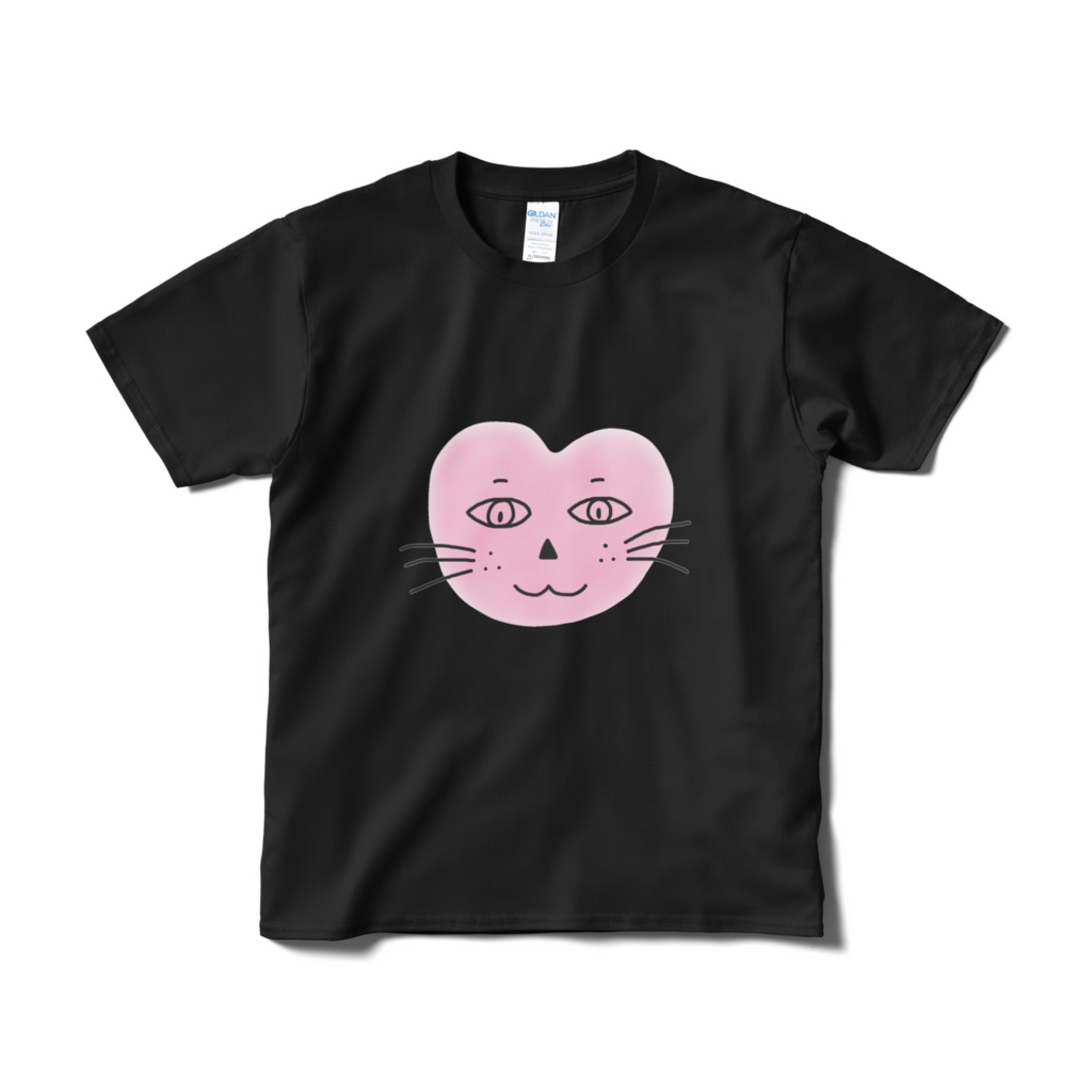 まるーいハートねこの短納期Tシャツ　ブラック・黒