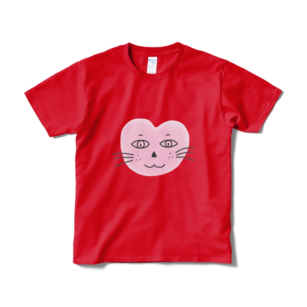 まるーいハートねこの短納期Tシャツ　レッド・赤