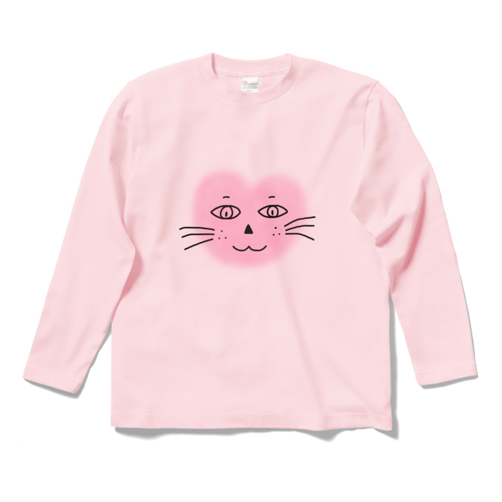 まるーいハートねこのロングスリーブTシャツ ライトピンク