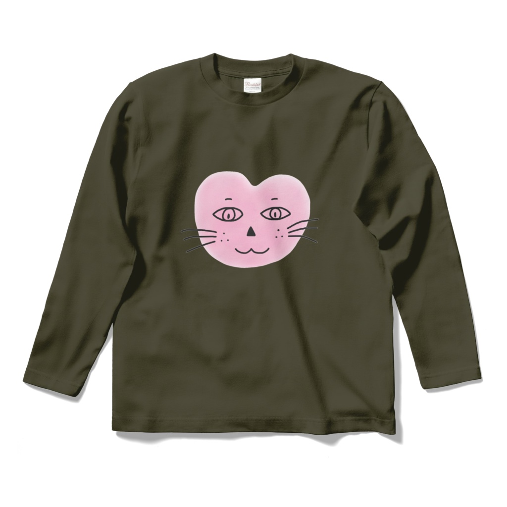 まるーいハートねこのロングスリーブTシャツ アーミーグリーン