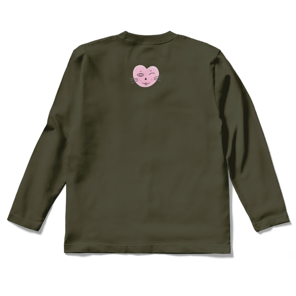 まるーいハートねこのロングスリーブTシャツ アーミーグリーン