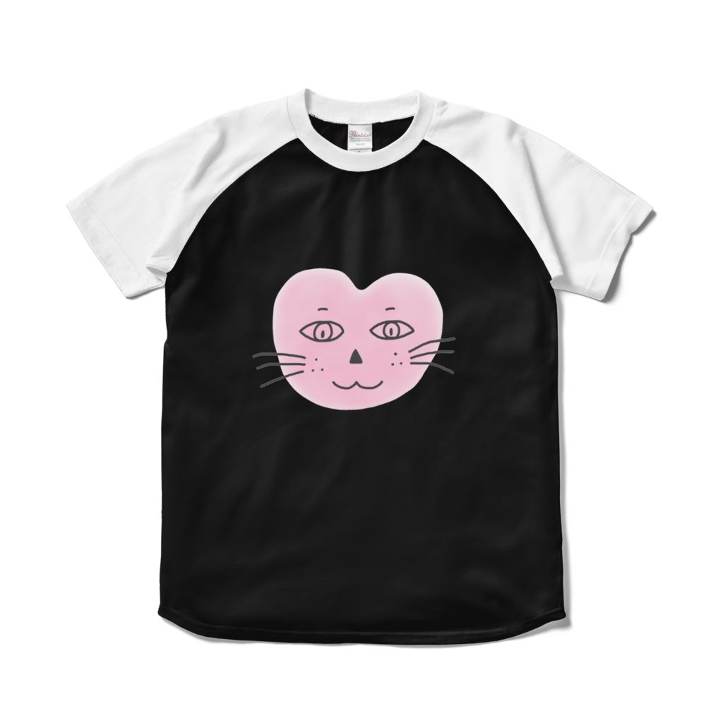 まるーいハートねこのラグランTシャツ　ブラック・黒×ホワイト・白
