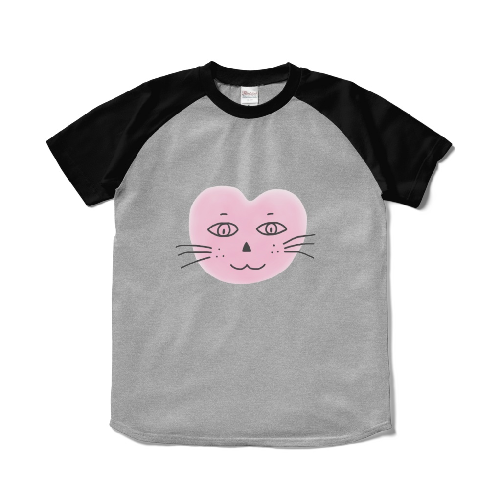まるーいハートねこのラグランTシャツ　杢グレー・灰色×ブラック・黒