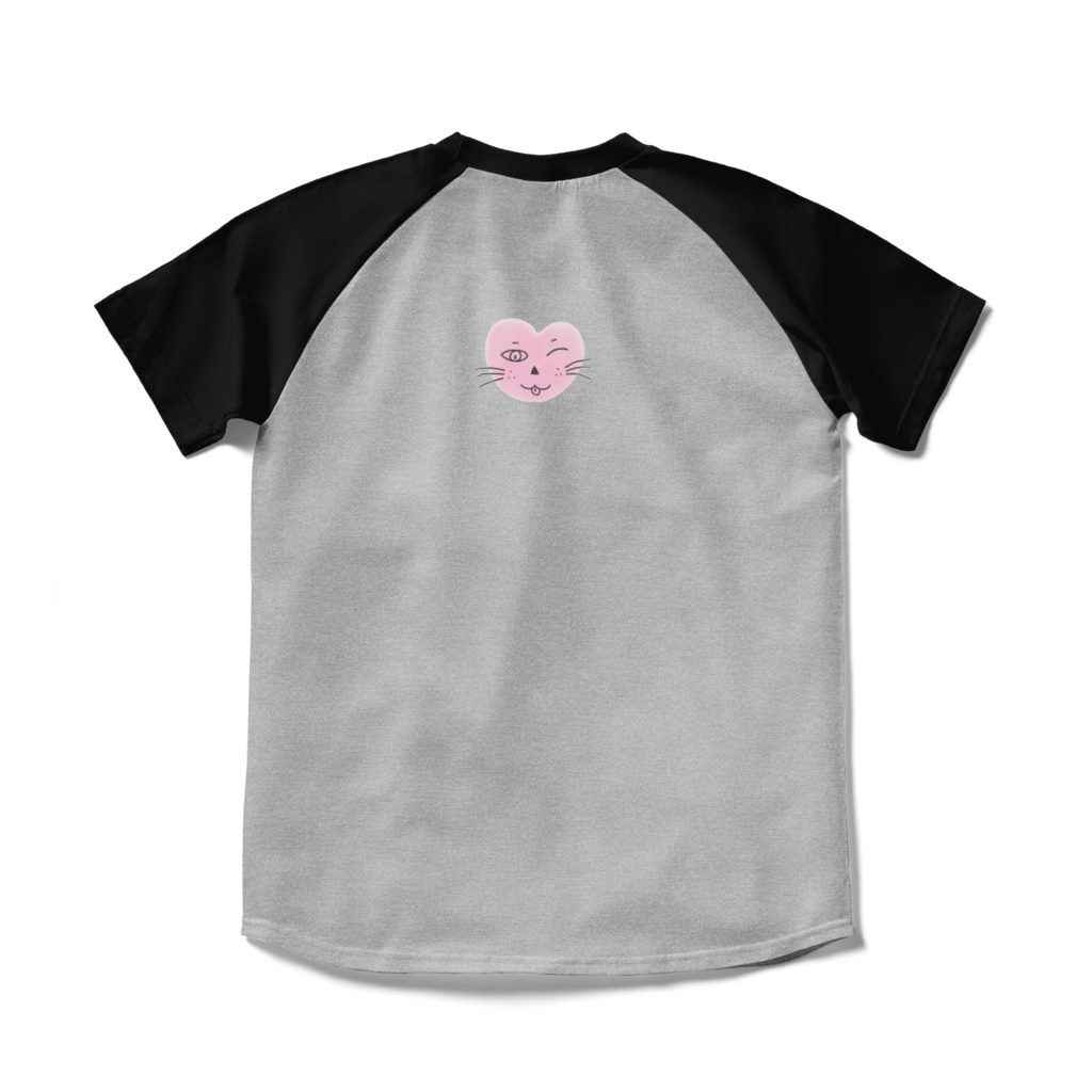 まるーいハートねこのラグランTシャツ 杢グレー・灰色×ブラック・黒