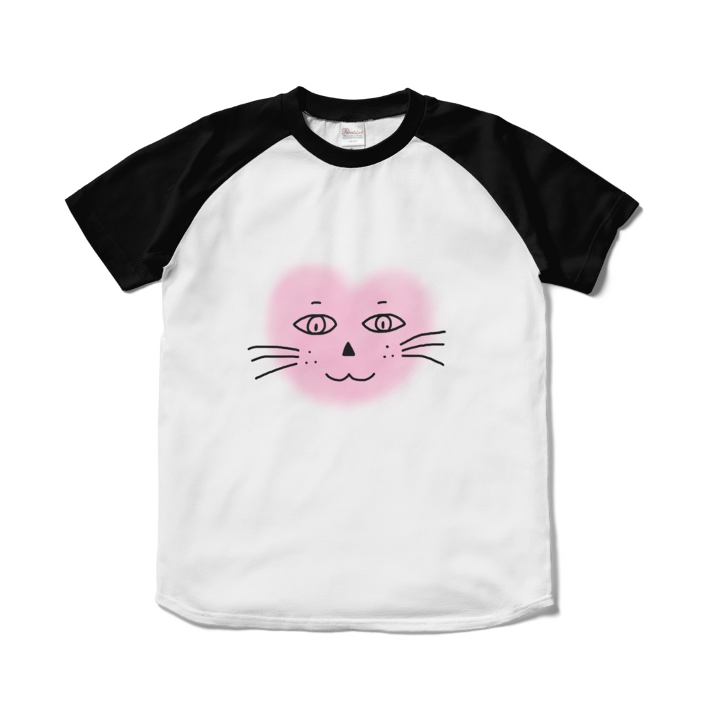 まるーいハートねこのラグランTシャツ　ホワイト・白×ブラック・黒