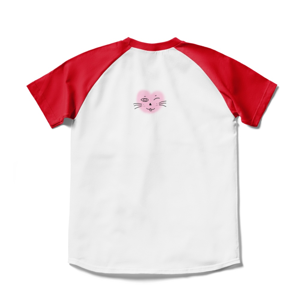 まるーいハートねこのラグランTシャツ ホワイト・白×レッド・赤