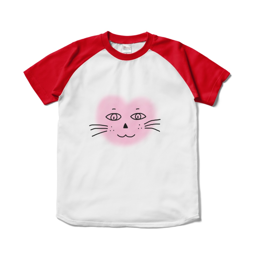 まるーいハートねこのラグランTシャツ ホワイト・白×レッド・赤