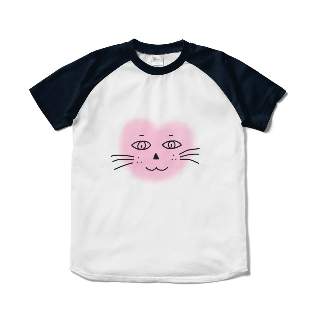 まるーいハートねこのラグランTシャツ　ホワイト・白×ネイビー・紺色