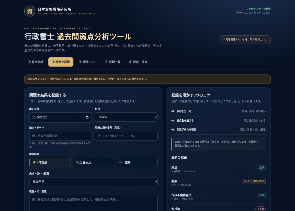 行政書士 過去問弱点分析ツール|間違いの原因を可視化し「次に復習する問題」を自動整理