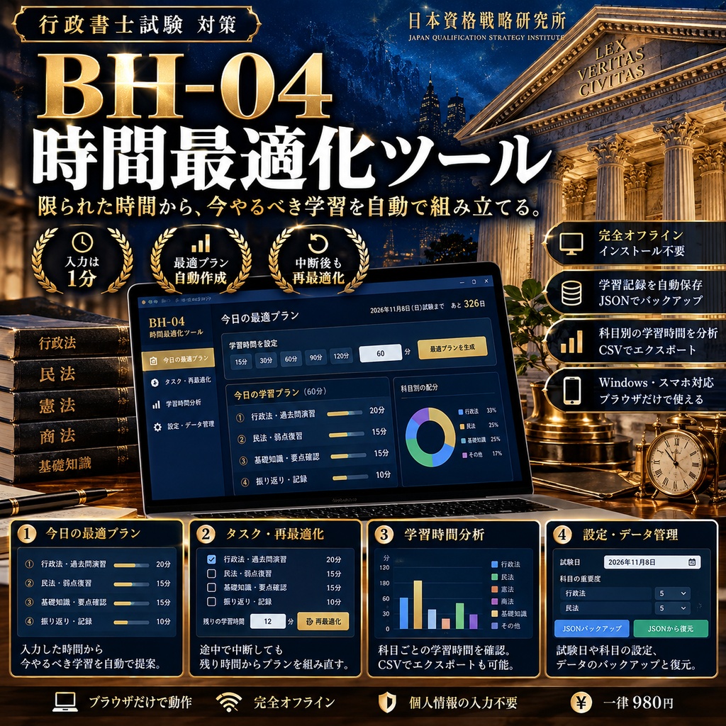 【行政書士】時間最適化ツール｜15分から学習計画を自動作成・予定変更にも再対応【オフライン】