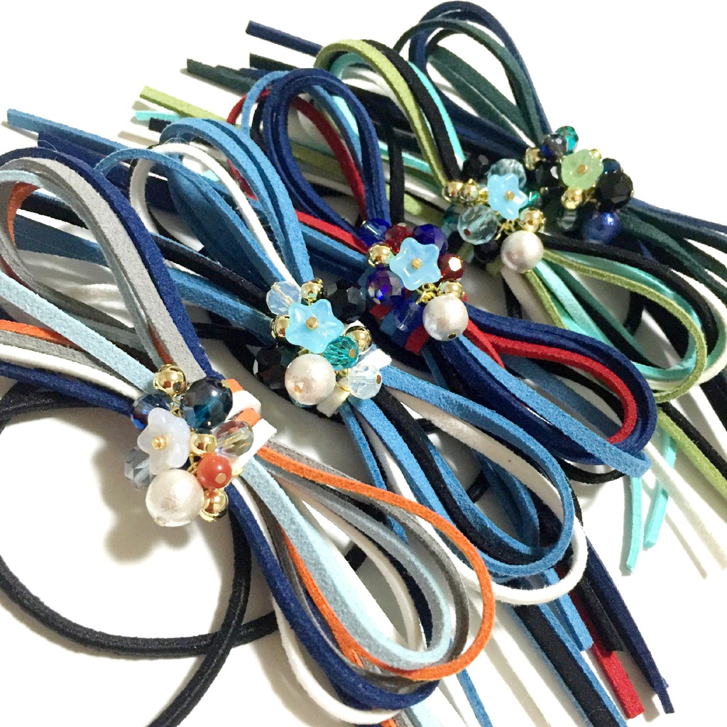 【刀剣乱舞イメージ】スエード調紐&キラキラビーズ☆リボンヘアゴム