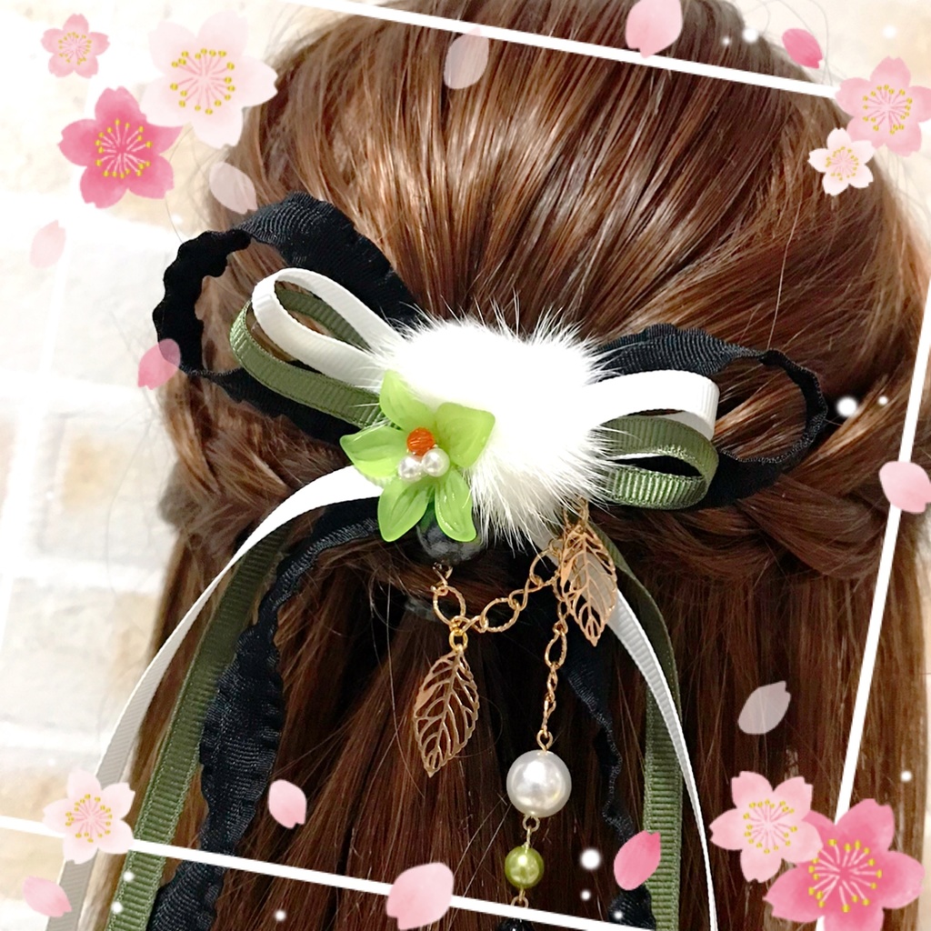 【刀剣乱舞イメージ】お花とファーのロングリボン♡ポニーフック