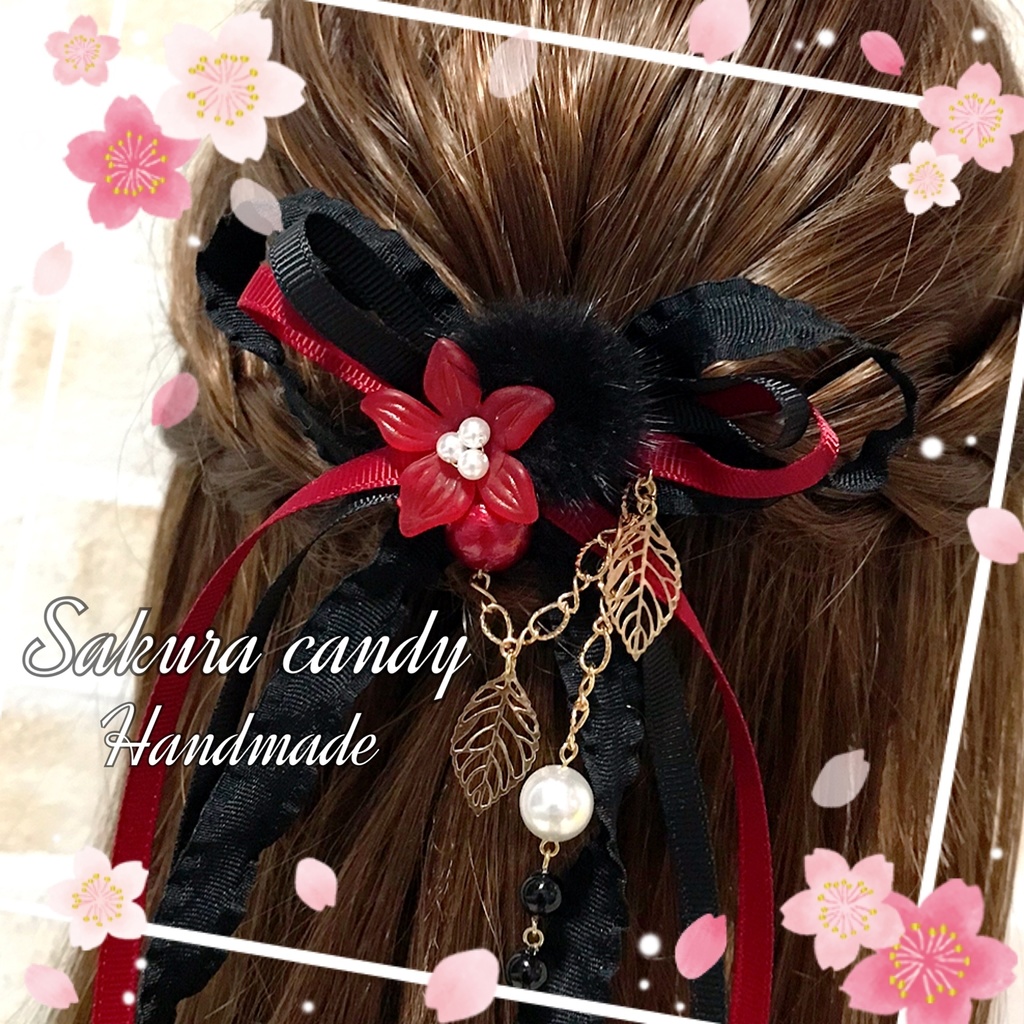 【刀剣乱舞イメージ】お花とファーのロングリボン♡ポニーフック