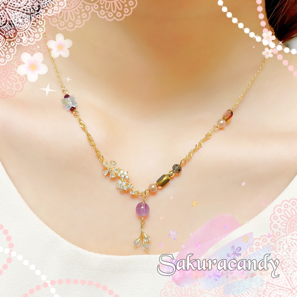【刀剣乱舞イメージ】天然石とキュービックジルコニアの桜ネックレス