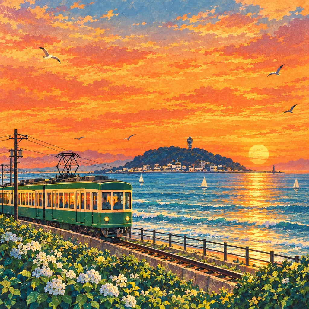 江ノ電と 江ノ島2