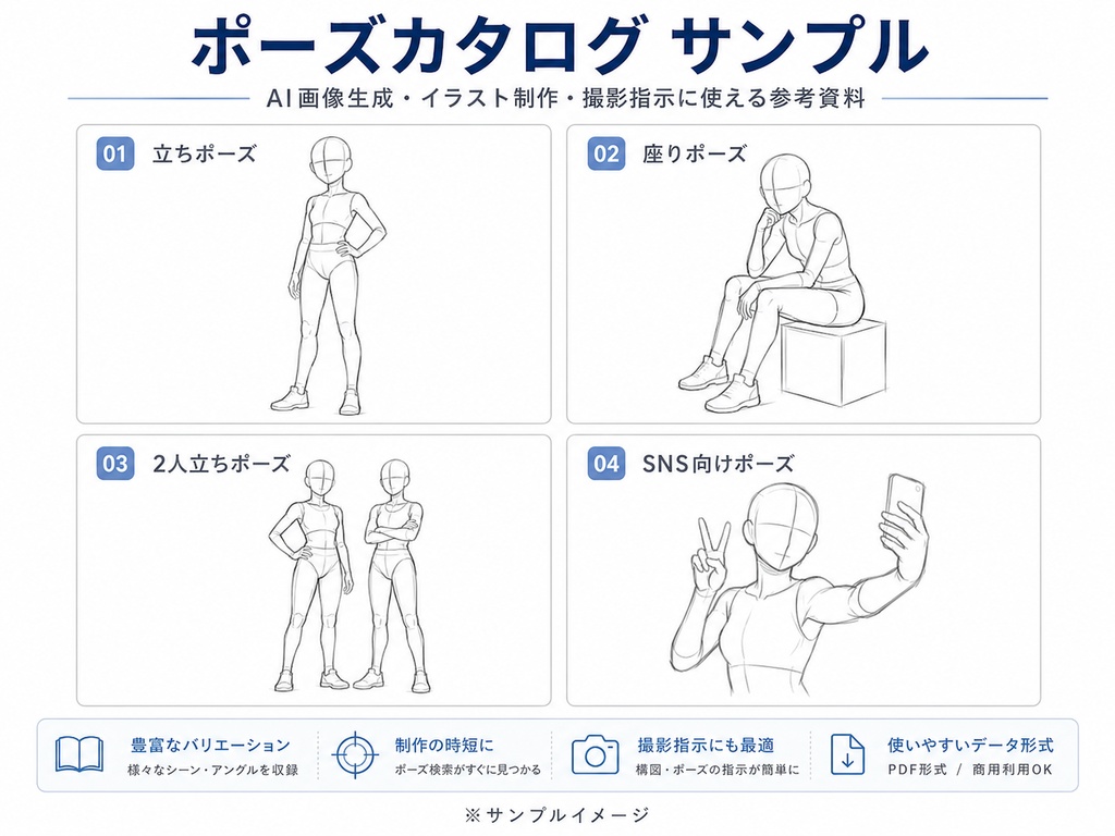 AI画像生成・イラスト制作に使える 320ポーズカタログ素材集｜1人ポーズ・SNSポーズ・撮影参考資料