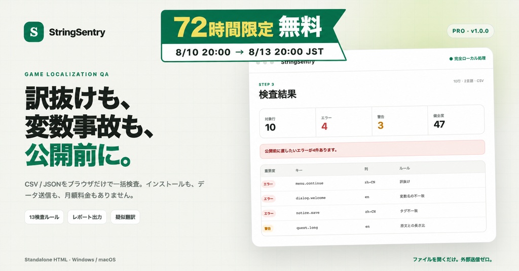 【8/10 20時〜72時間限定・無料】StringSentry PRO先行配布｜ゲーム翻訳CSV/JSON QA