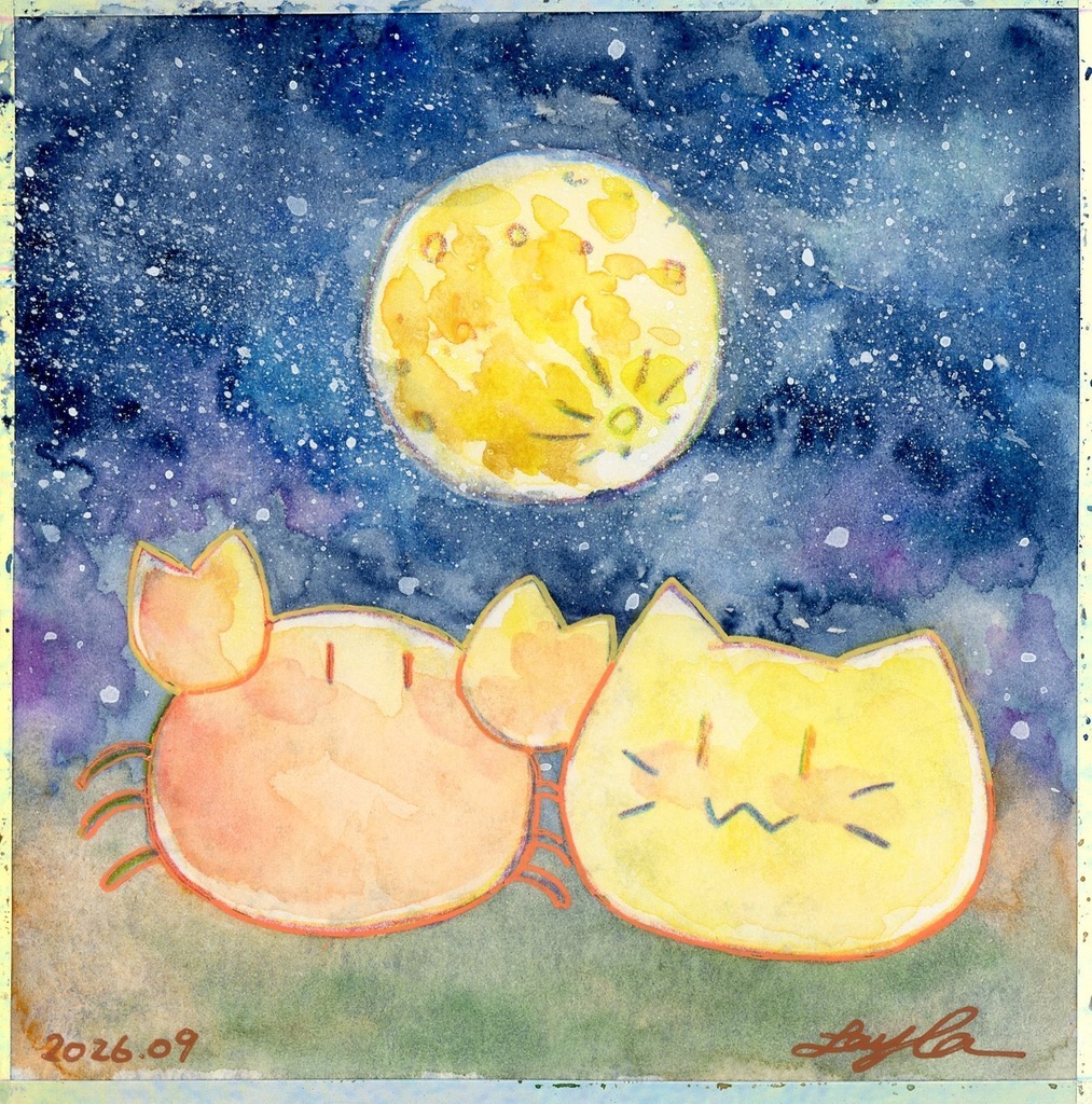 にゃんぷっぷーのお月見水彩原画