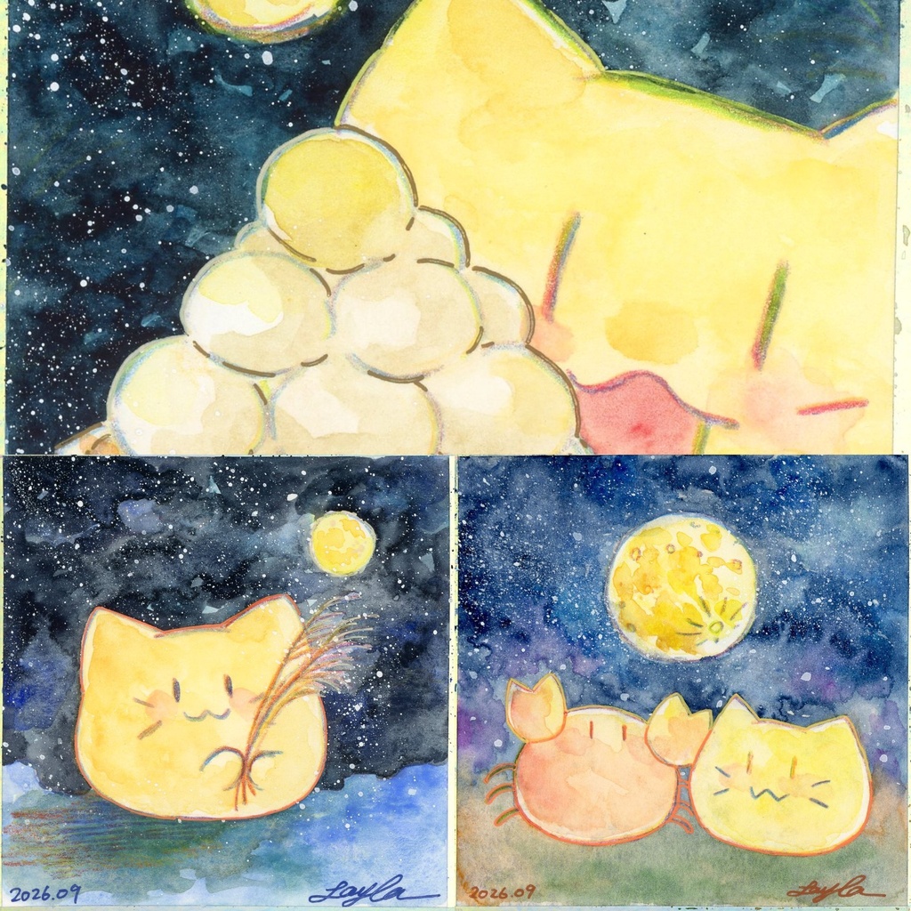 にゃんぷっぷーのお月見水彩原画