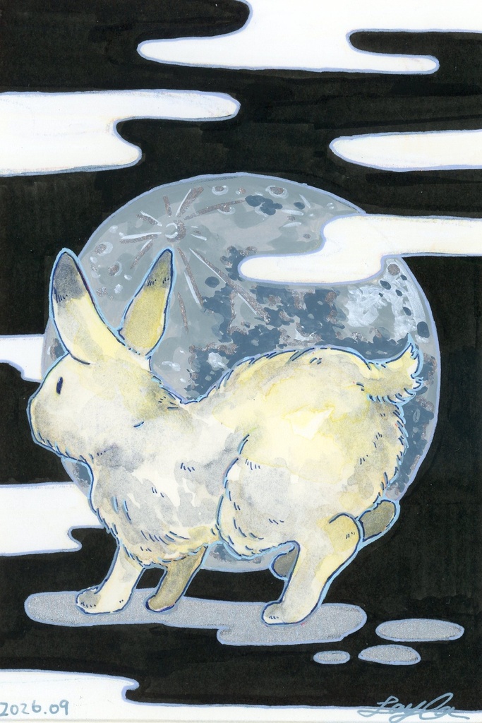 【月面観覧広報部】月とうさぎの水彩原画(ハガキサイズより大きいもの)