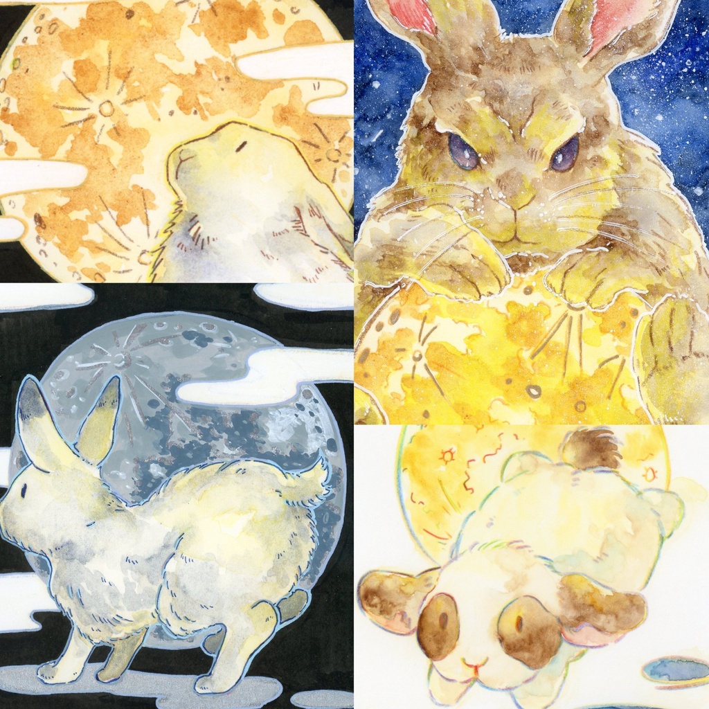 【月面観覧広報部】月とうさぎの水彩原画(ハガキサイズより大きいもの)