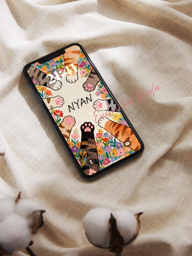 【スマホ壁紙】ぷにぷに猫肉球の「NYAN」パーティー|ゆるかわ・癒やし壁紙