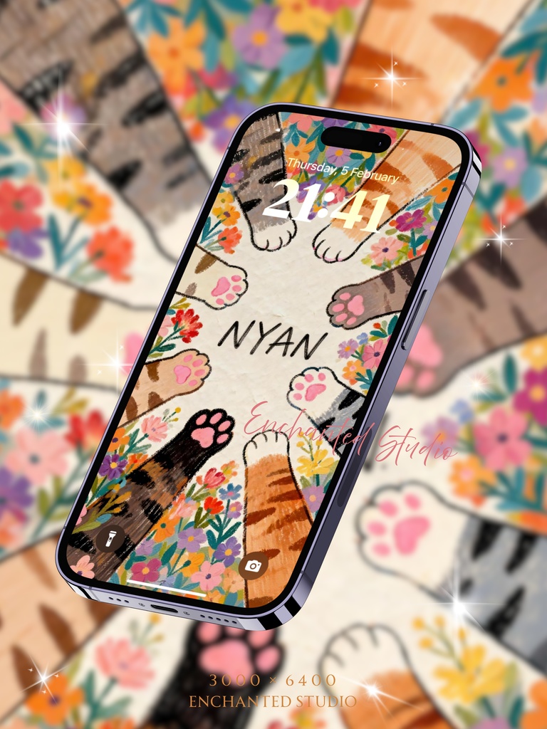 【スマホ壁紙】ぷにぷに猫肉球の「NYAN」パーティー|ゆるかわ・癒やし壁紙