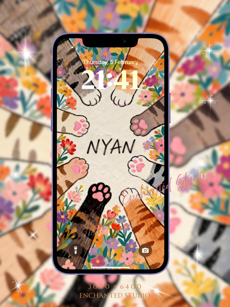 【スマホ壁紙】ぷにぷに猫肉球の「NYAN」パーティー｜ゆるかわ・癒やし壁紙