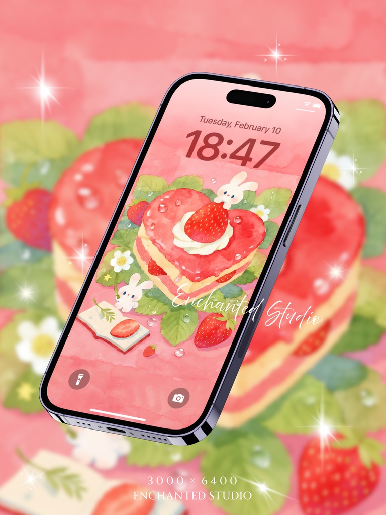 【スマホ壁紙】いちごの夢 — ハムスターとうさぎのティータイム