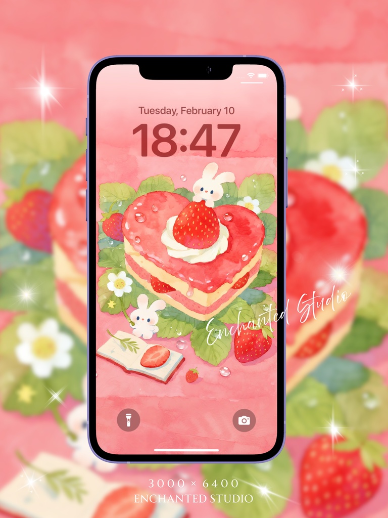 【スマホ壁紙】いちごの夢 — ハムスターとうさぎのティータイム