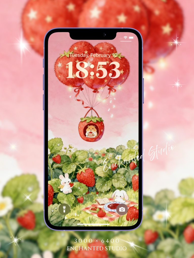 【スマホ壁紙】いちごの夢 — ハムスターとうさぎのティータイム