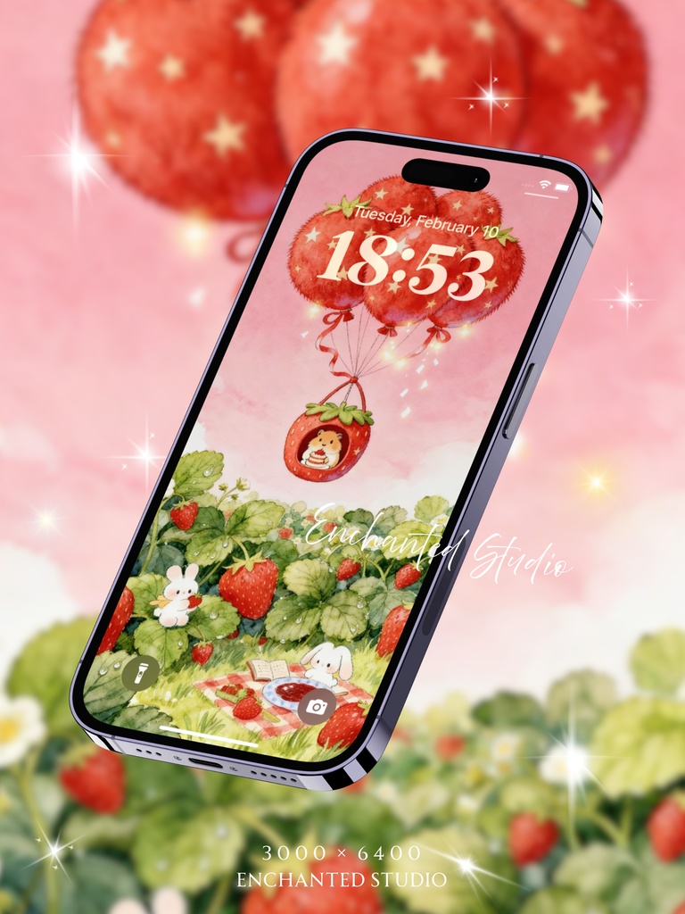 【スマホ壁紙】いちごの夢 — ハムスターとうさぎのティータイム