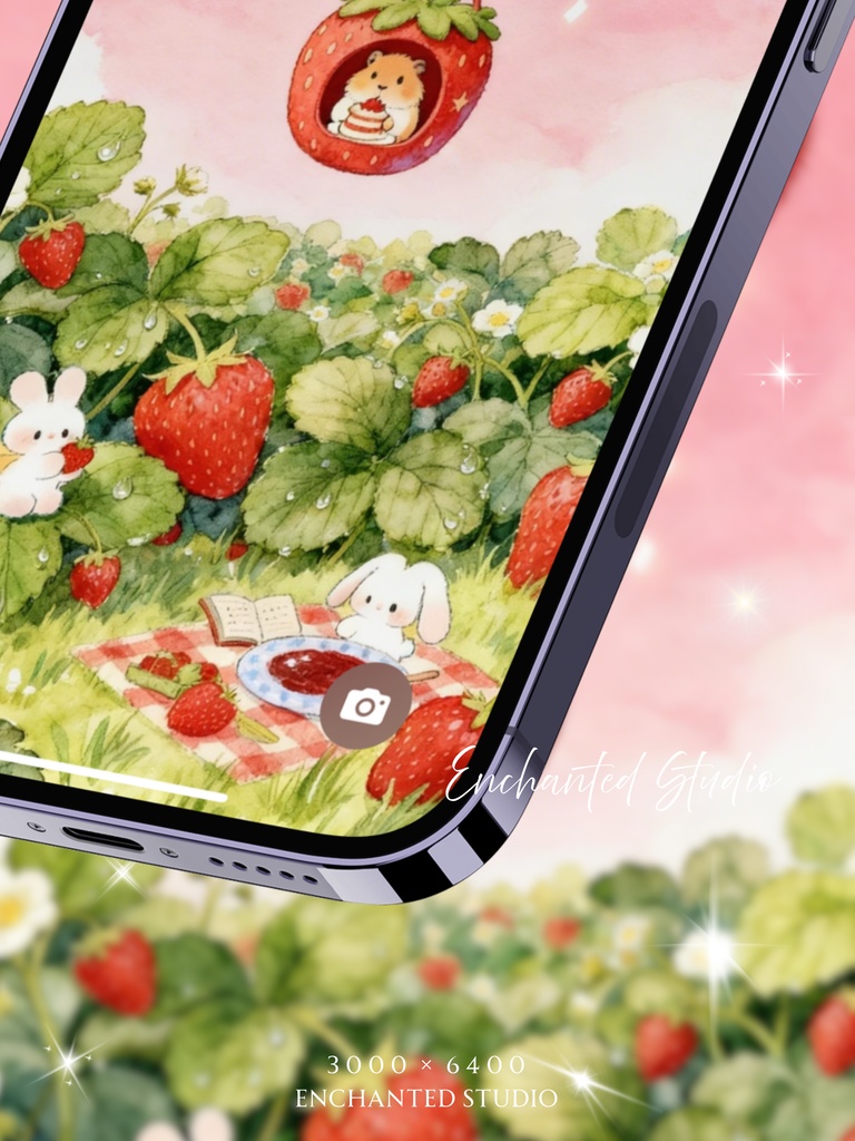 【スマホ壁紙】いちごの夢 — ハムスターとうさぎのティータイム