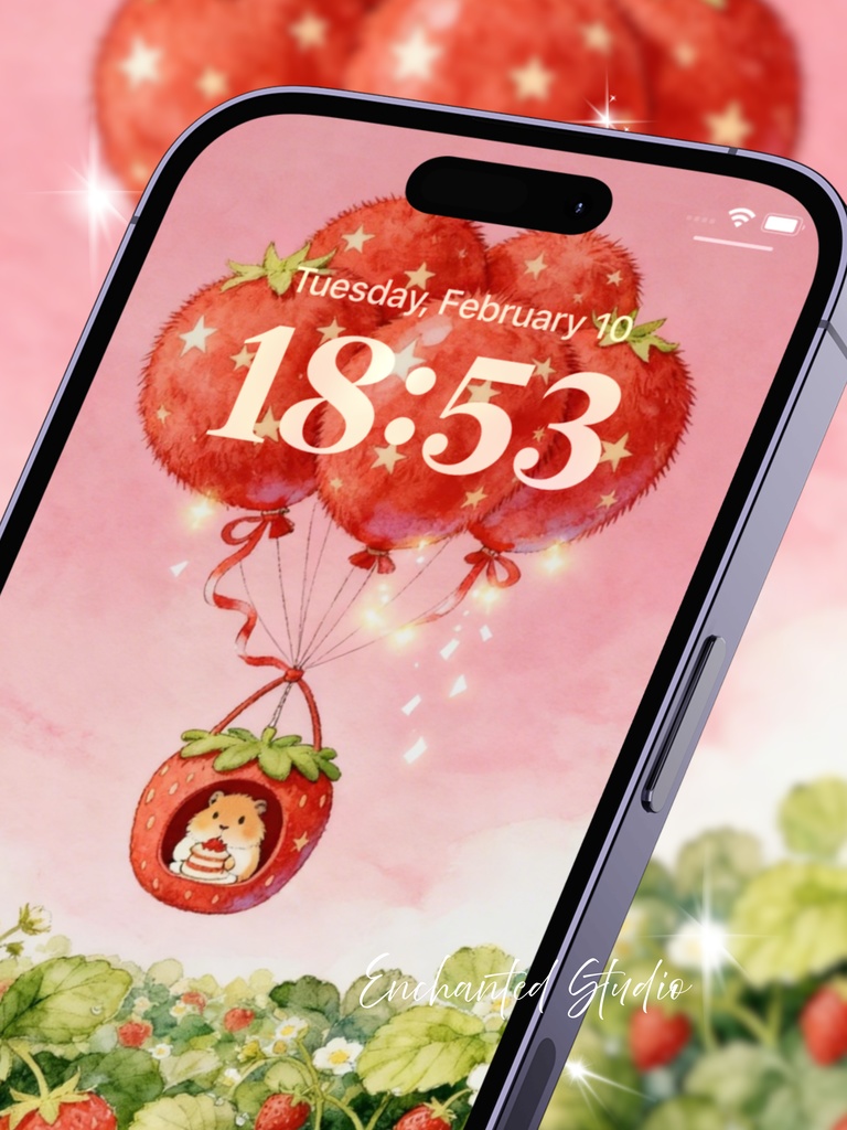 【スマホ壁紙】いちごの夢 — ハムスターとうさぎのティータイム