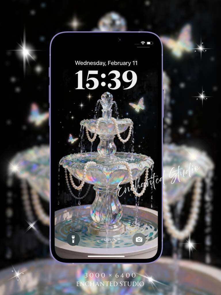 【スマホ壁紙】真珠と水晶の噴水 — 煌めく夜のアーカイブ